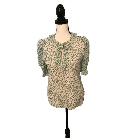 Rebecca Taylor Ikat Lurex Metallic Green/White Leaf Ruffle Blouse - Size 2 - Picture 1 of 12